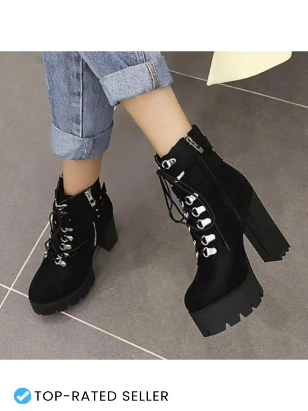 Goth Platform Combat Booties Lace Up Round Toe Chunky High Heel Ankle Boots